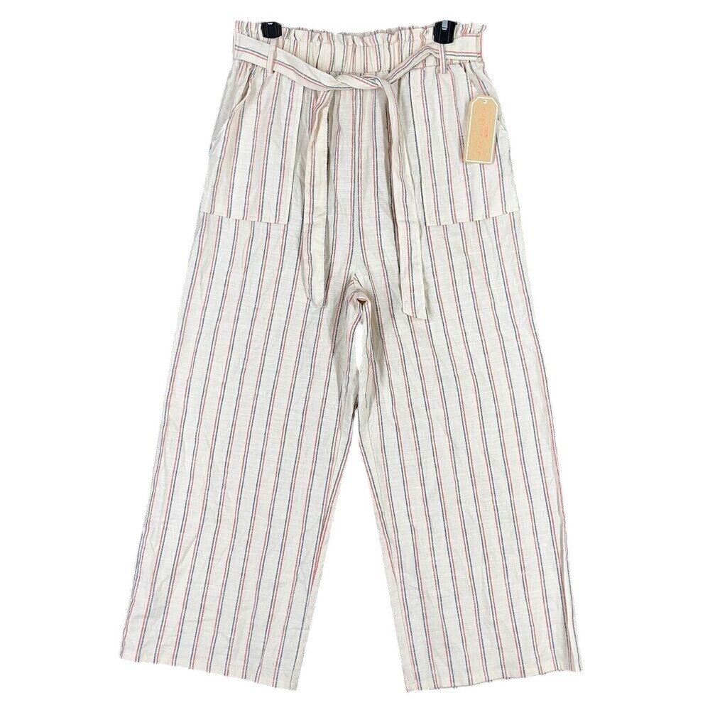 COPPER KEY WIDE-LEG CROPPED PANTS WOMENS LARGE NATURAL STRIPED BELTED TROUSER‎